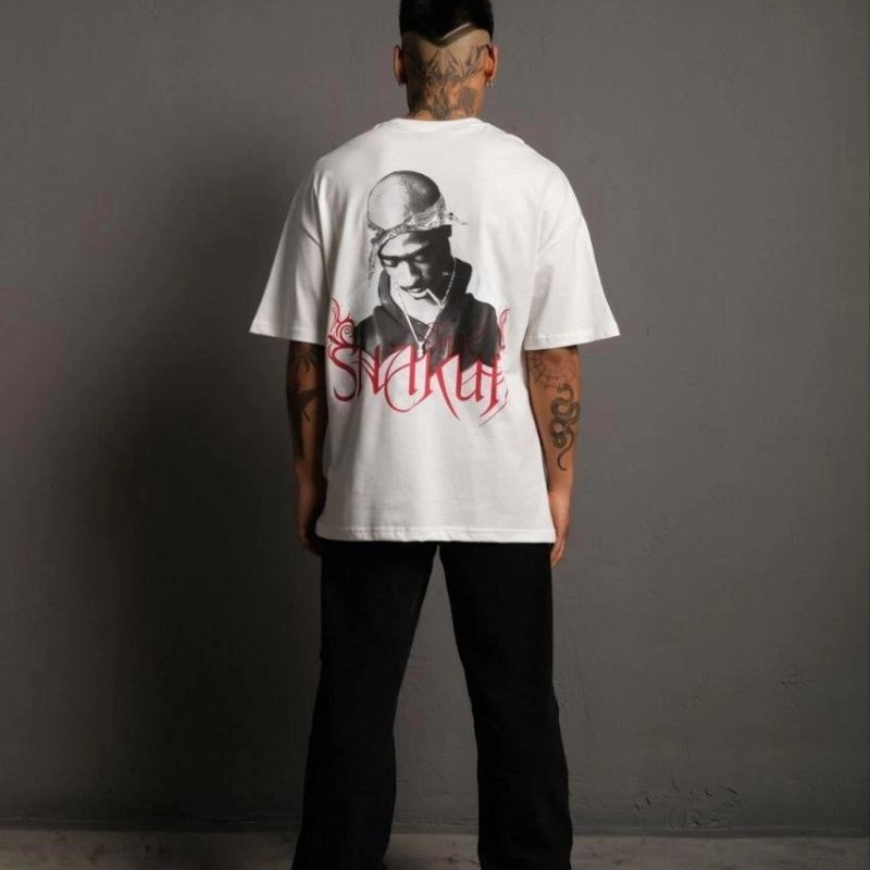 Erkek Baskılı T-Shirt Oversize Kısa kol Bisiklet yaka tişort - Beyaz